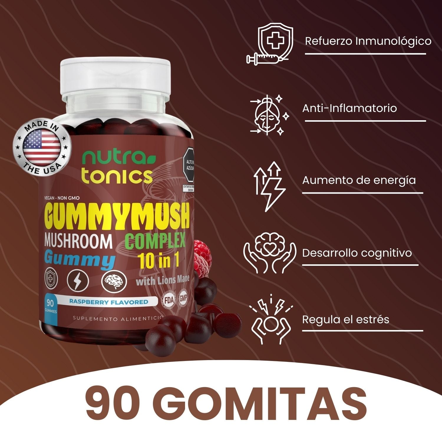 GUMMYMUSH COMPLEJO DE HONGOS 2,500 MG 10 EN 1 90 GOMITAS