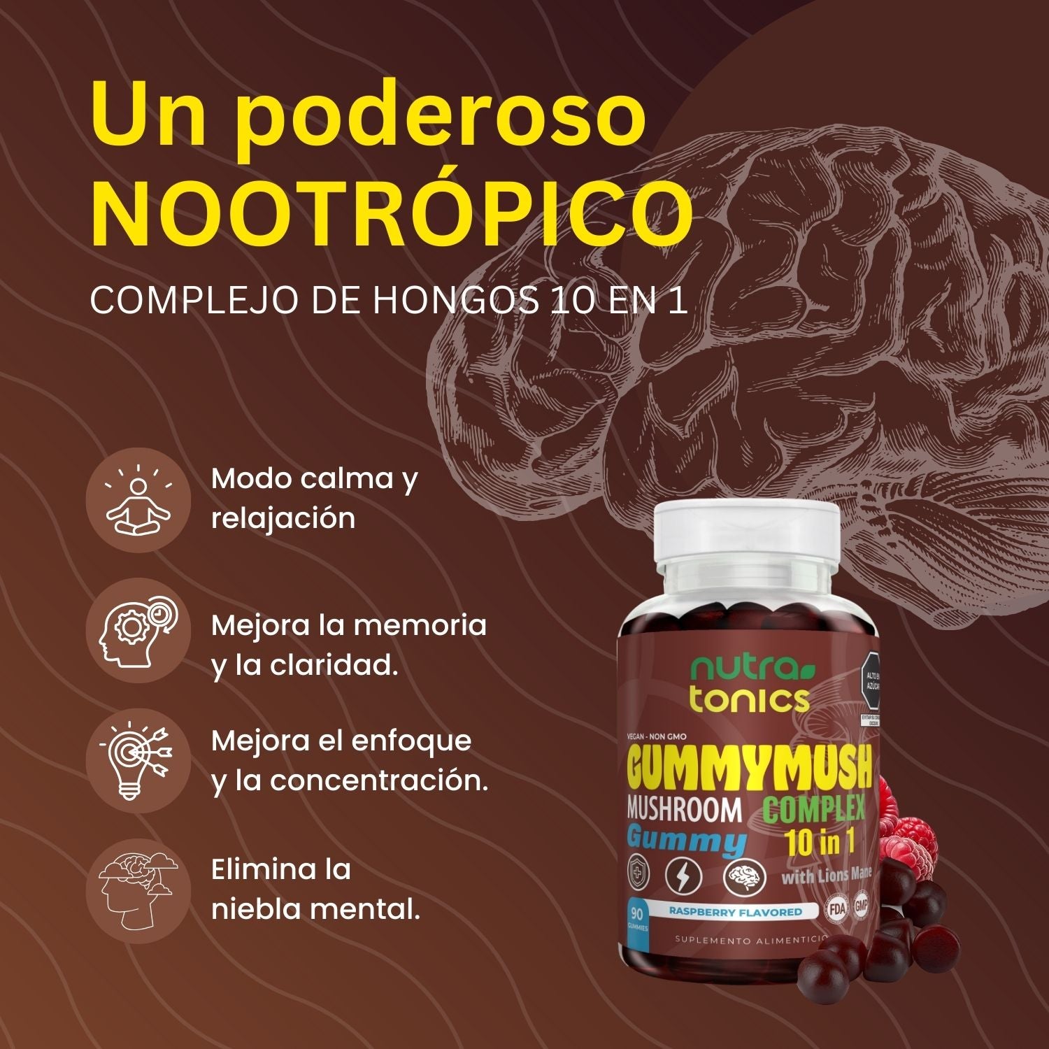 GUMMYMUSH COMPLEJO DE HONGOS 2,500 MG 10 EN 1 90 GOMITAS