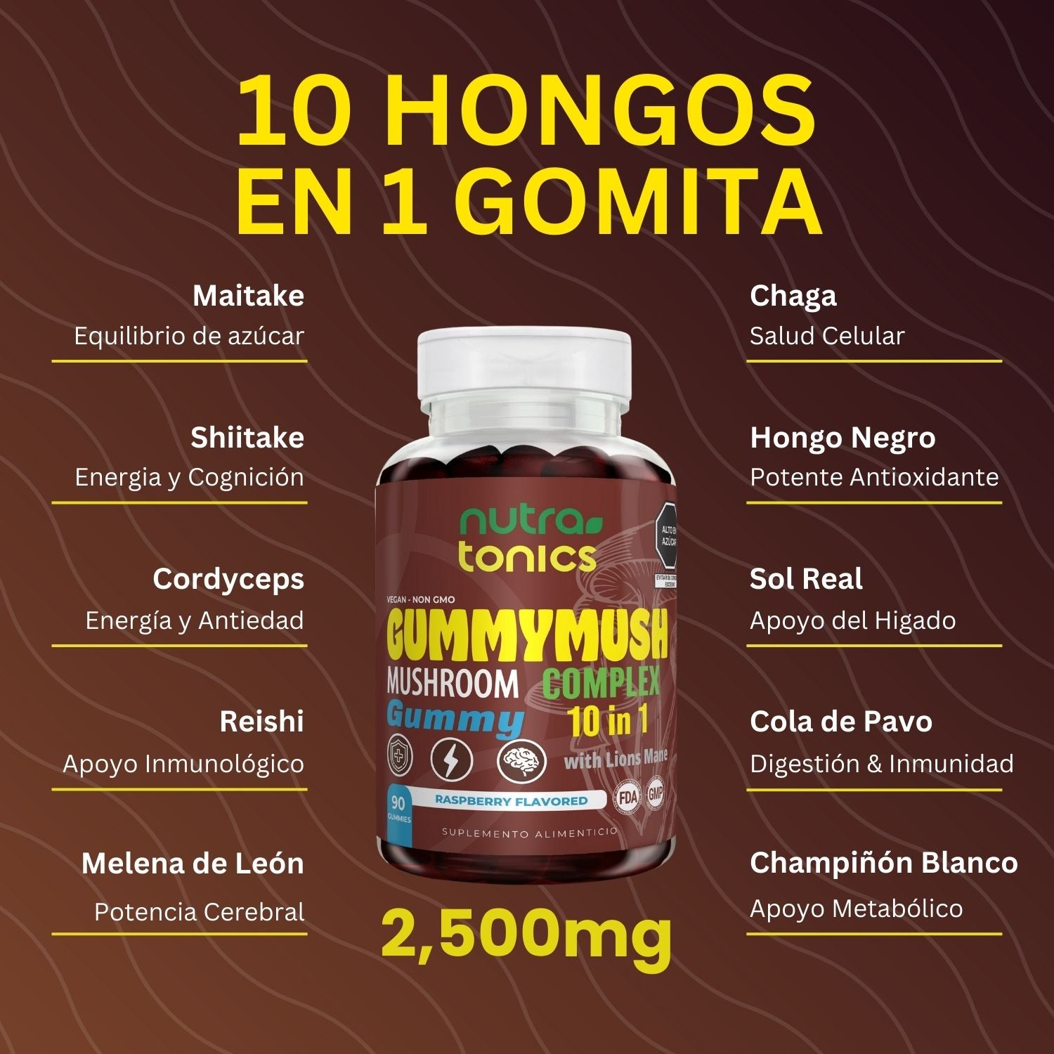 GUMMYMUSH COMPLEJO DE HONGOS 2,500 MG 10 EN 1 90 GOMITAS