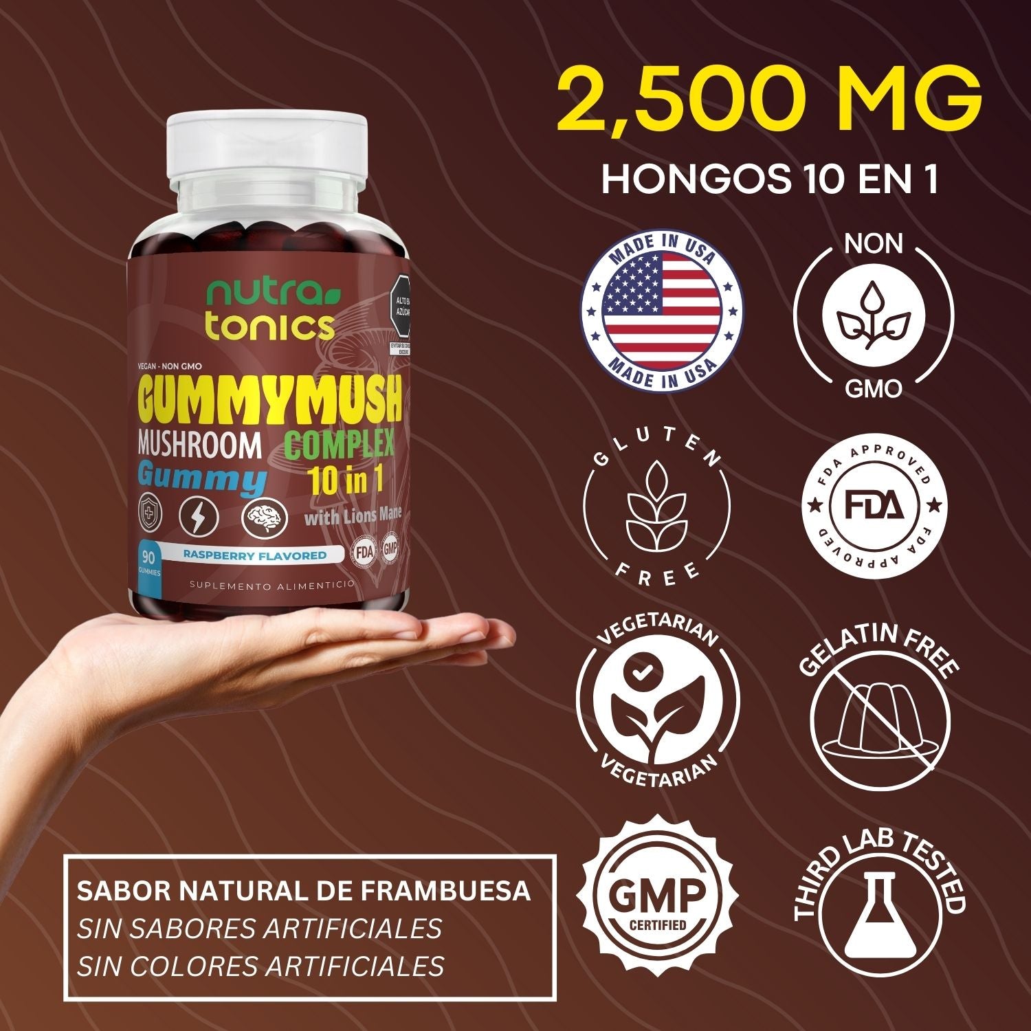 GUMMYMUSH COMPLEJO DE HONGOS 2,500 MG 10 EN 1 90 GOMITAS