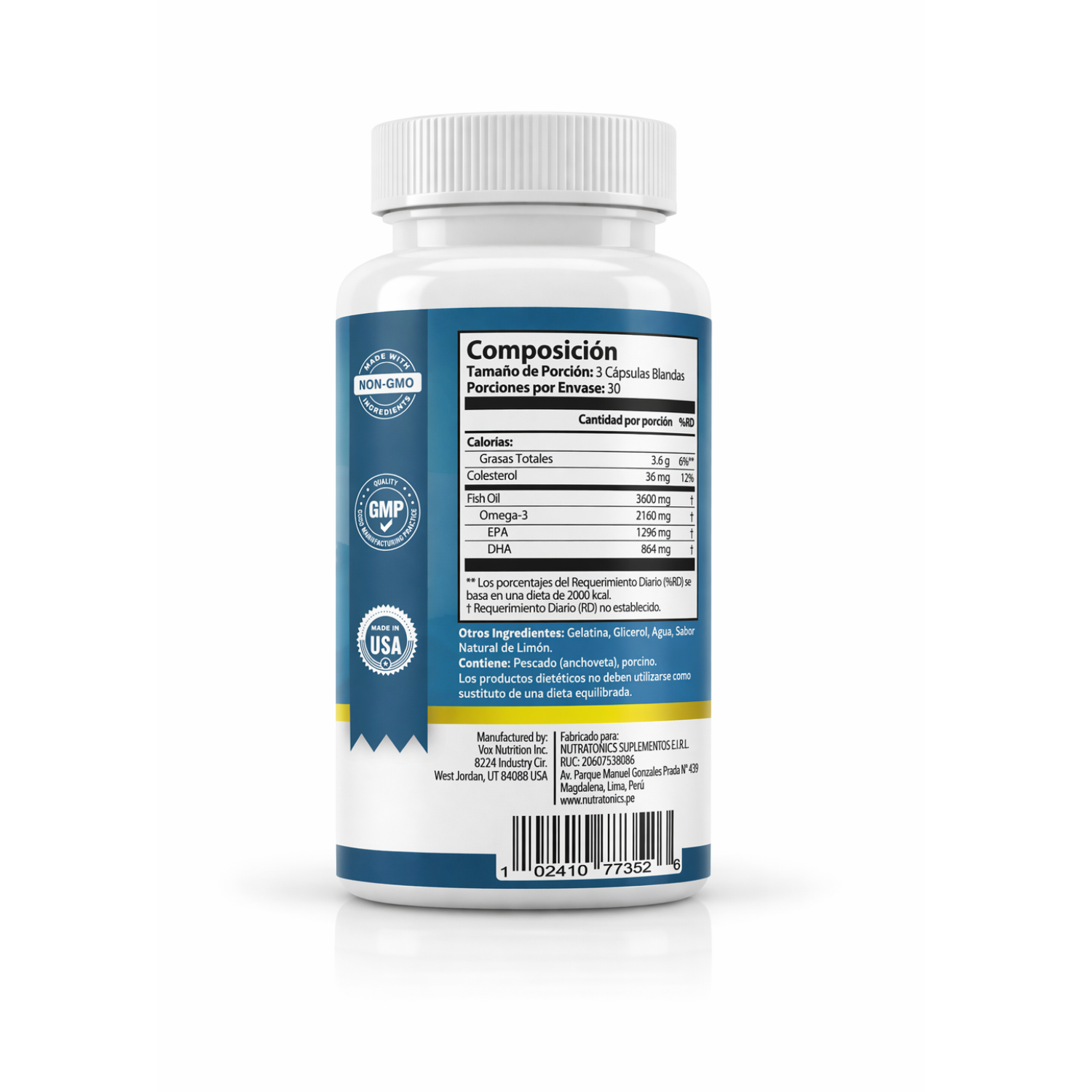 OMEGA 3 FISH OIL 3,600 MG 90 CÁPSULAS NO GMO SIN GLUTEN