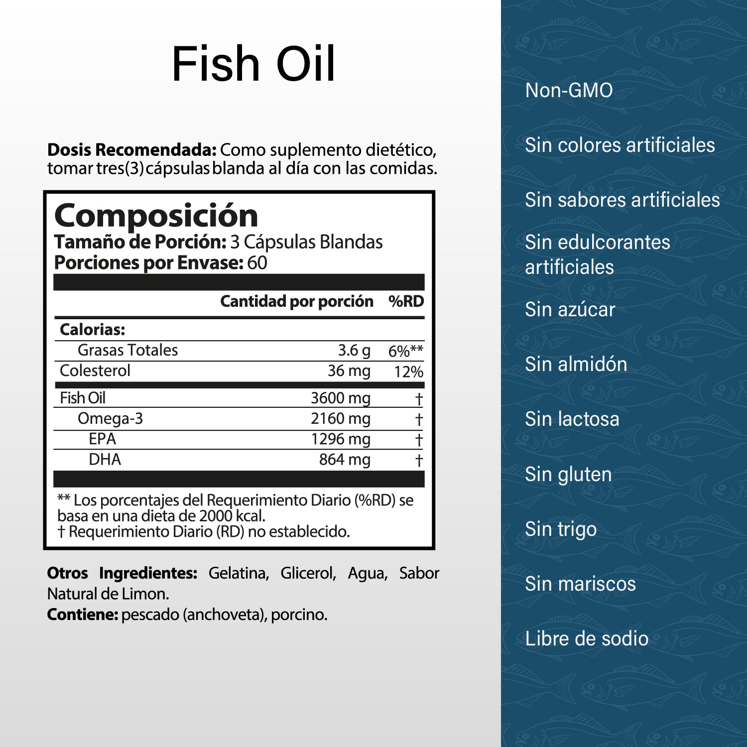 OMEGA 3 FISH OIL 3,600 MG 180 CÁPSULAS NO GMO SIN GLUTEN