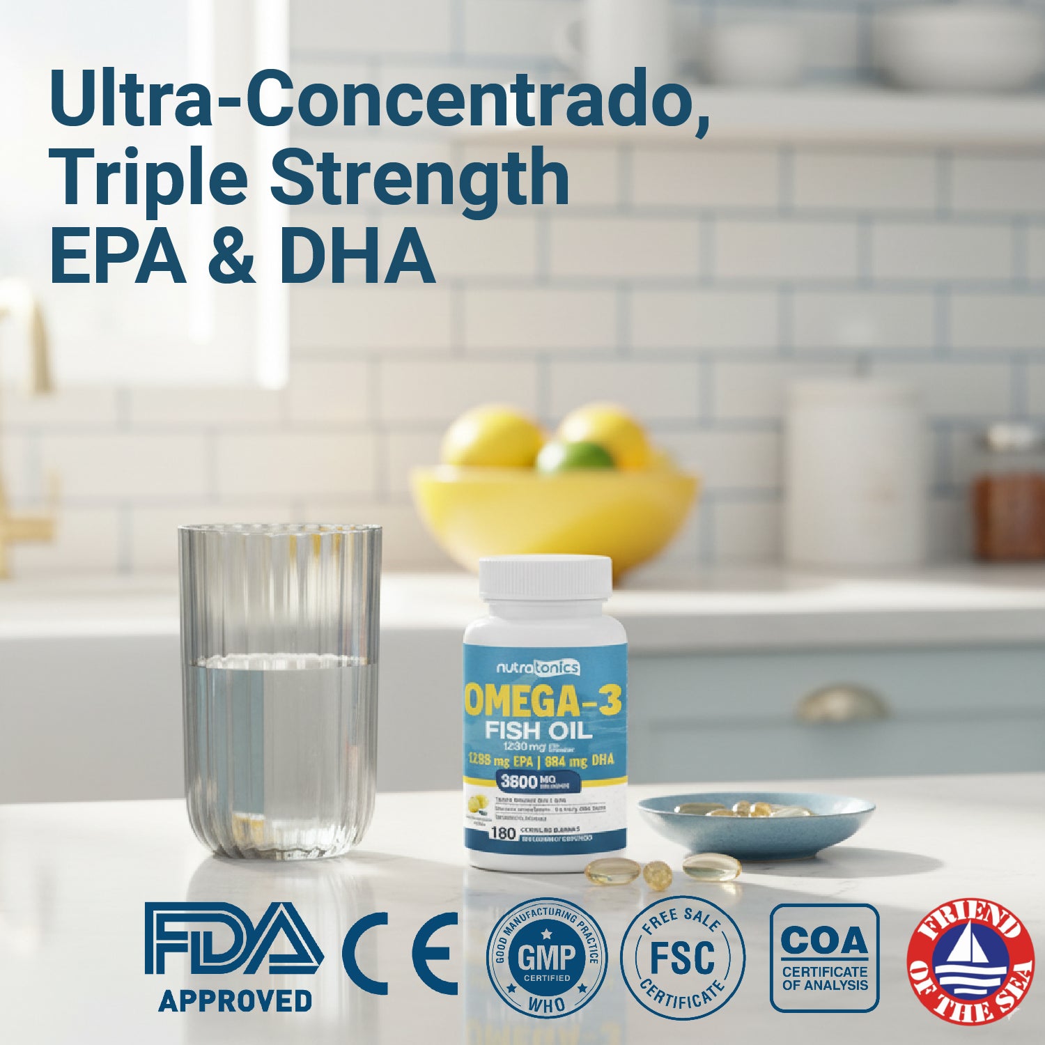 OMEGA 3 FISH OIL 3,600 MG 180 CÁPSULAS NO GMO SIN GLUTEN